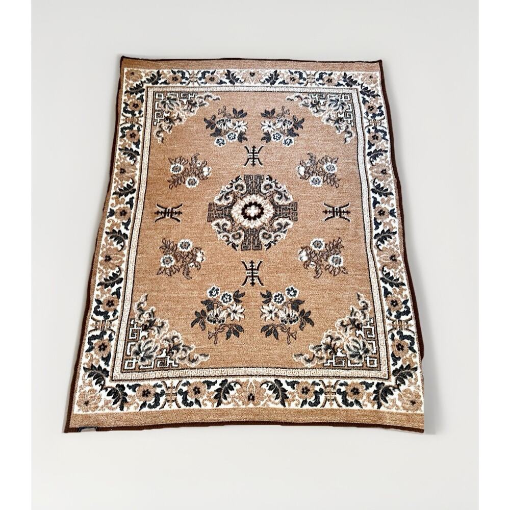 Vintage BIEDERLACK Blanket Reversible Germany 73 x 57 Floral Geometric Tan Grey